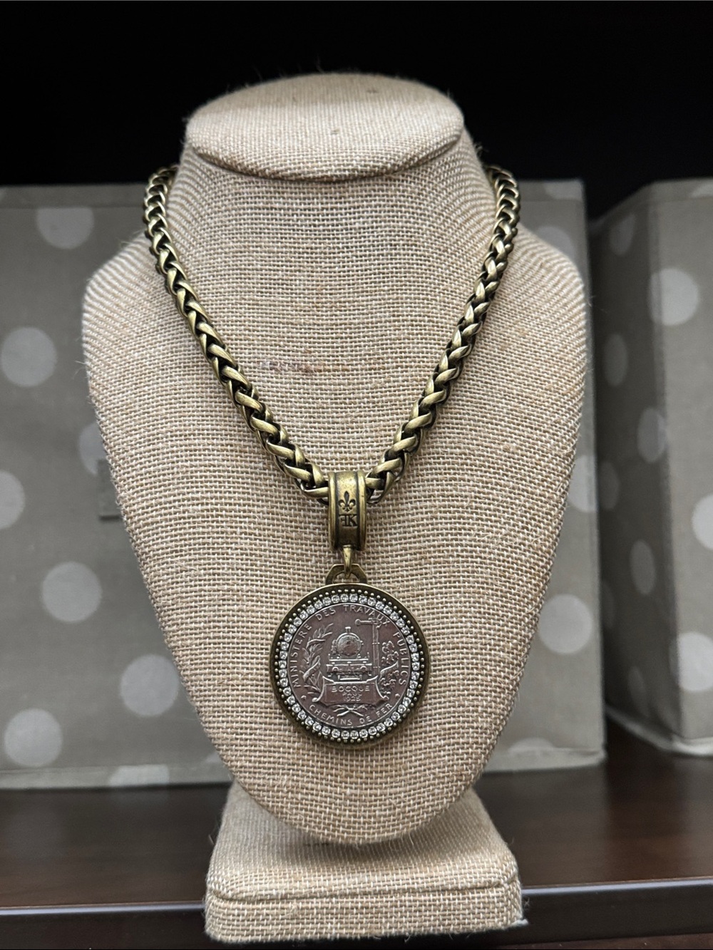 French Kande bass Tone Chain Necklace with Coin Pendant